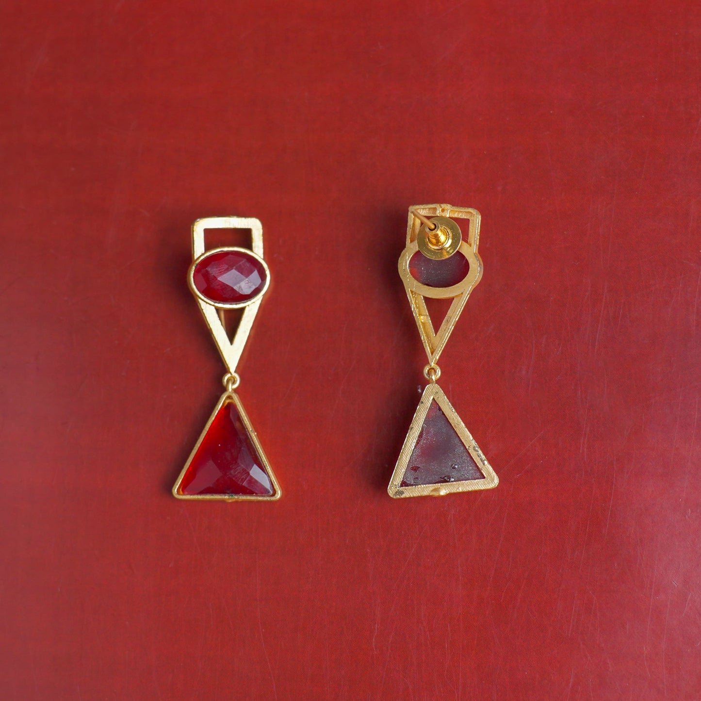 Anaya- Stone Studded Framed Dangler Earrings(Red)