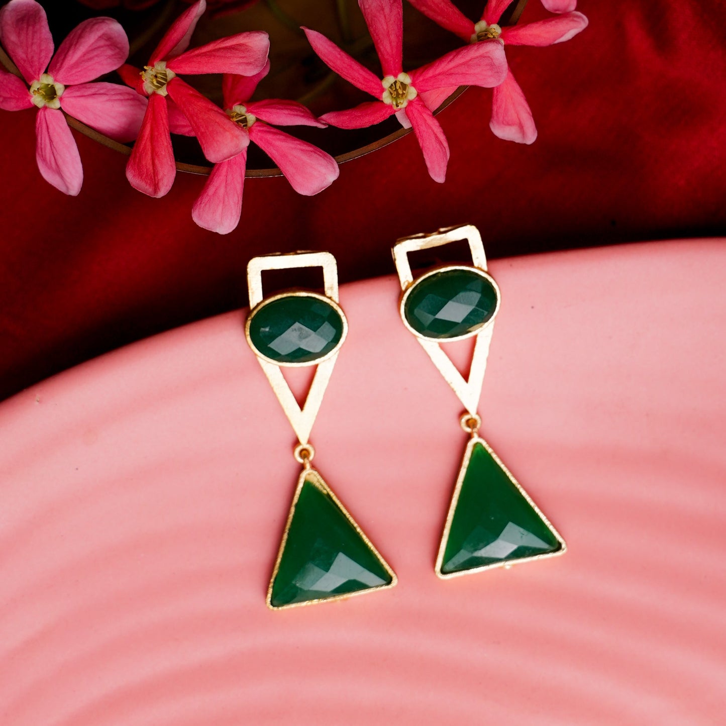 Anaya- Stone Studded Framed Dangler Earrings(Green)