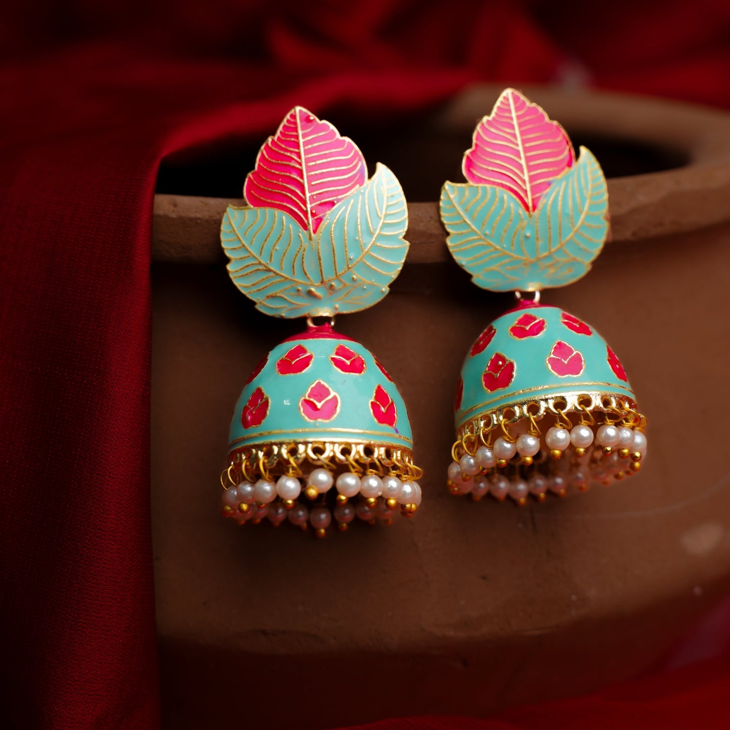 Riva- Hanging Pearls Enameled Jhumka Earrings(Multicolored)
