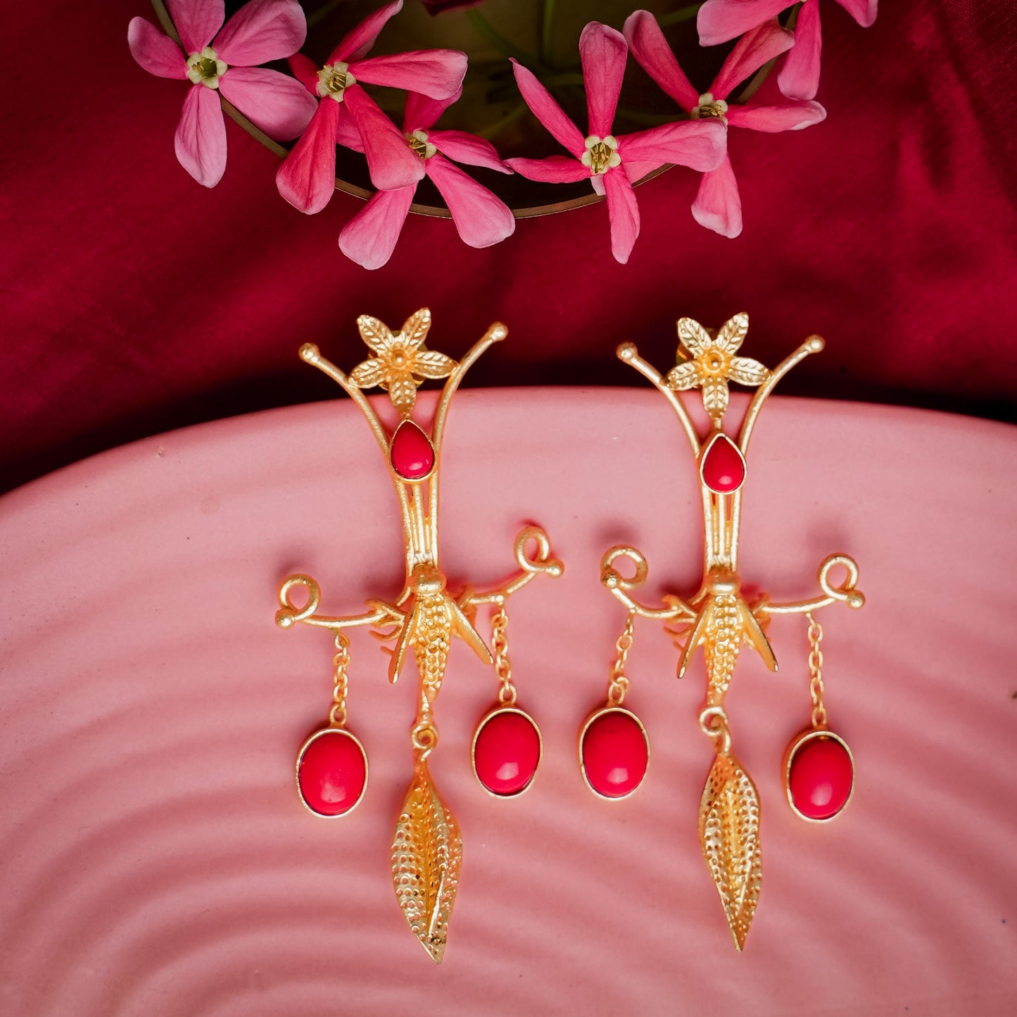 Arya- Stone Studded Dangler Earrings(Red)