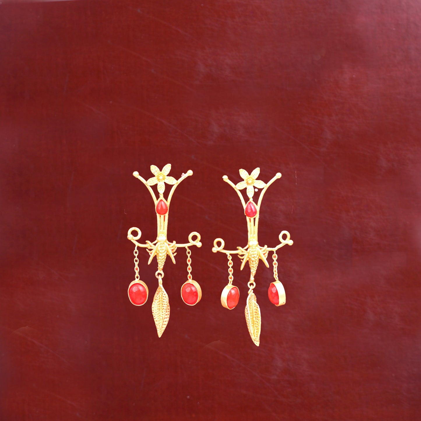 Arya- Stone Studded Dangler Earrings(Red)