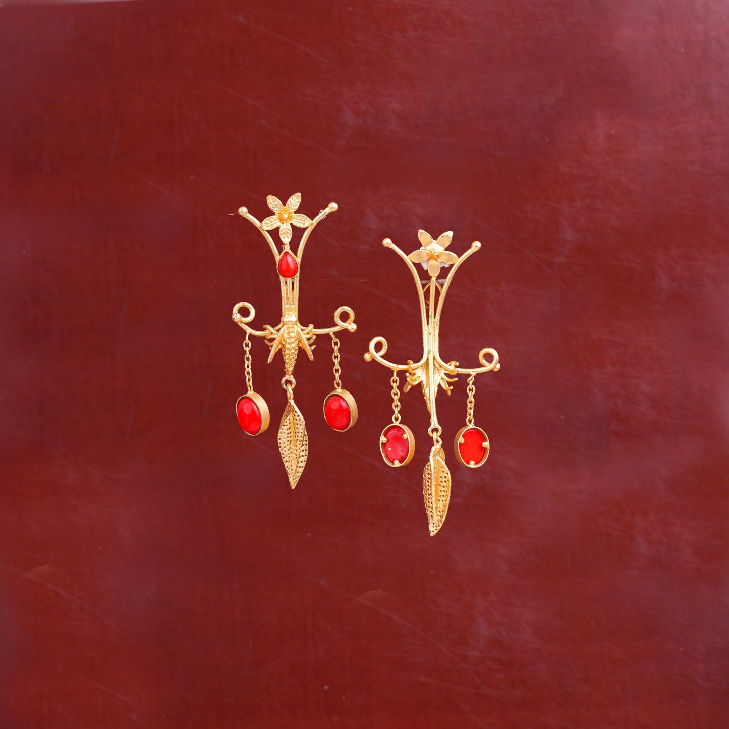 Arya- Stone Studded Dangler Earrings(Red)