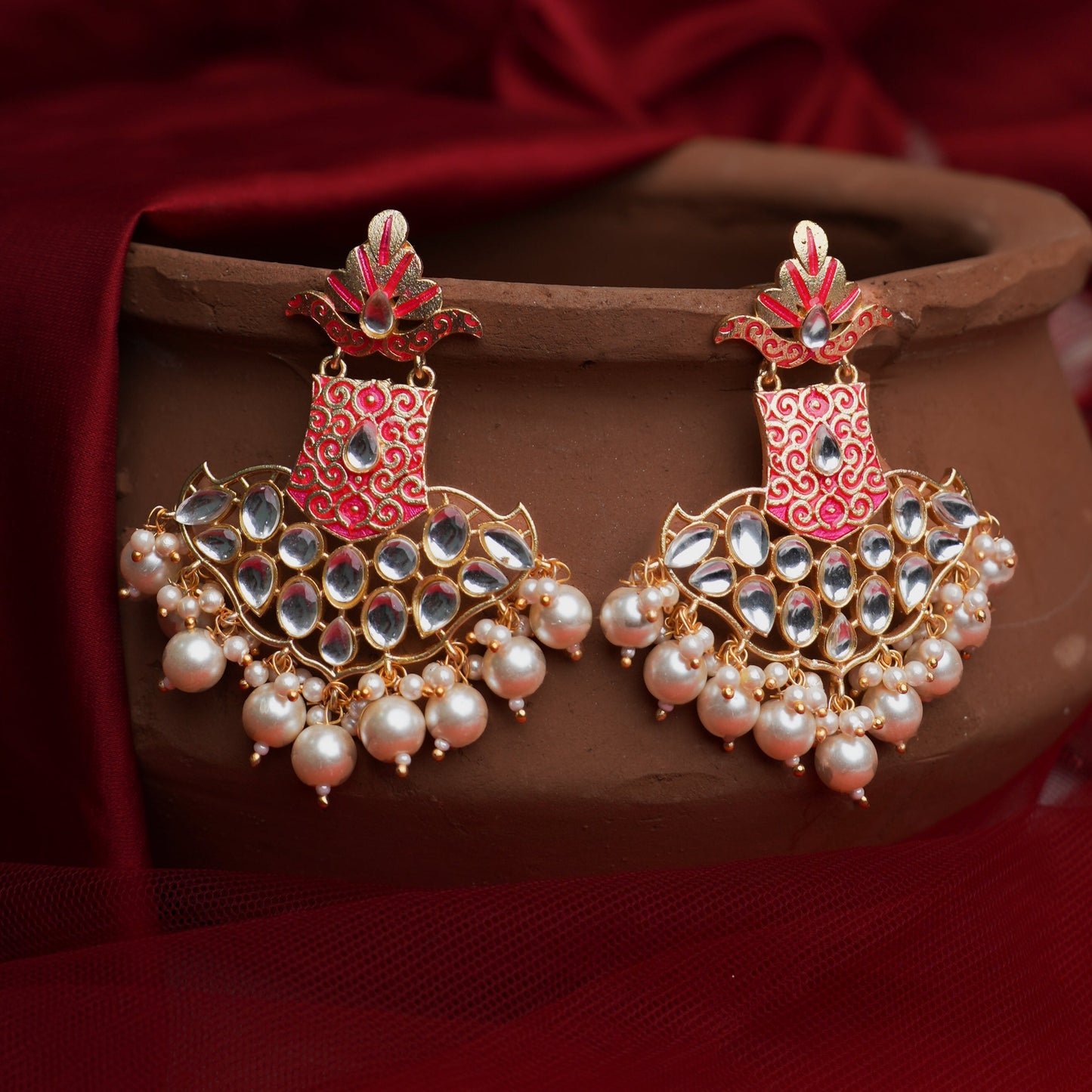 Tara- Stone Studded Hanginh Pearl Dangler earrings(Red)