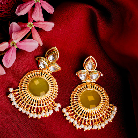 Nyra- Stone Studded Hanging Pearl Dangler Earrings(Yellow)