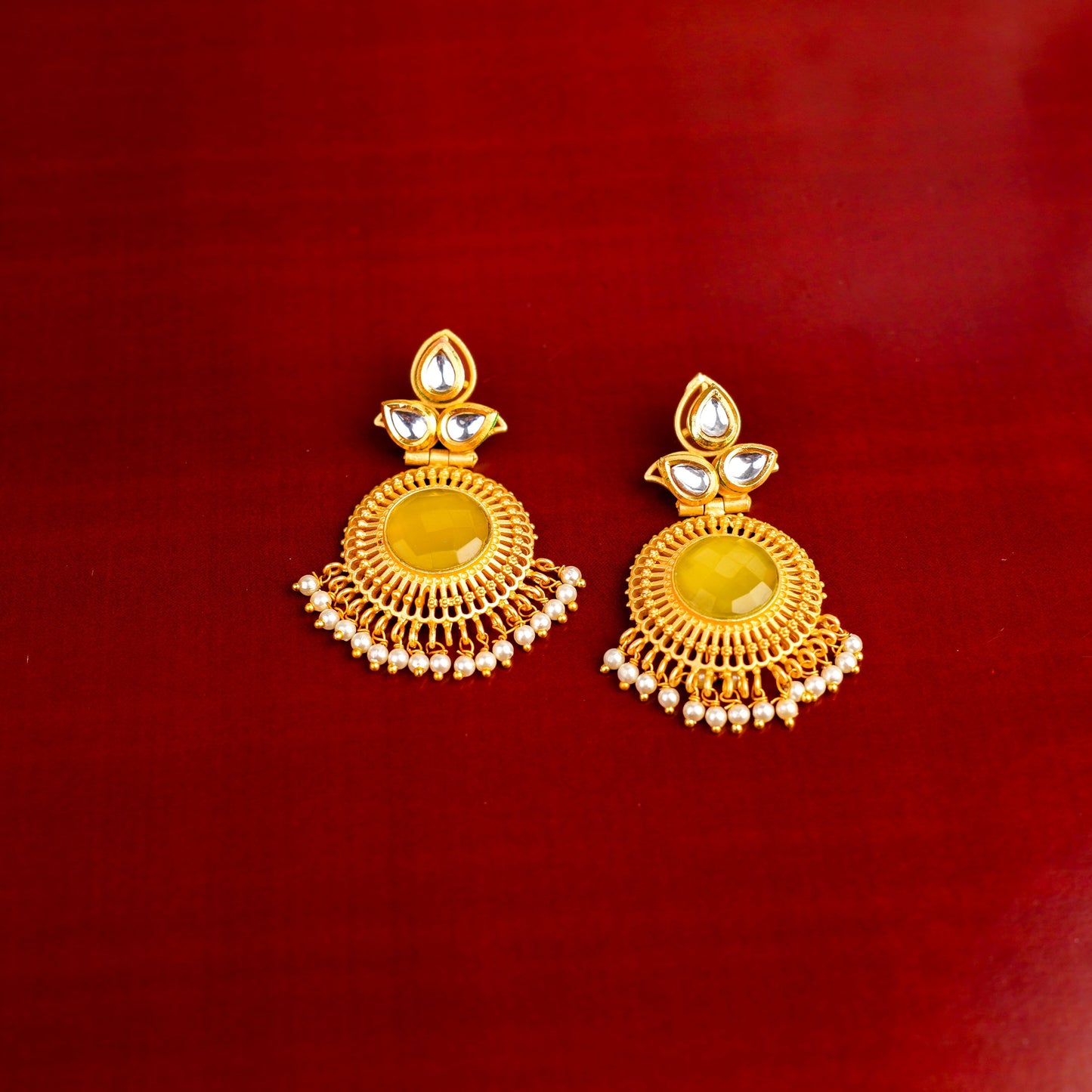 Nyra- Stone Studded Hanging Pearl Dangler Earrings(Yellow)