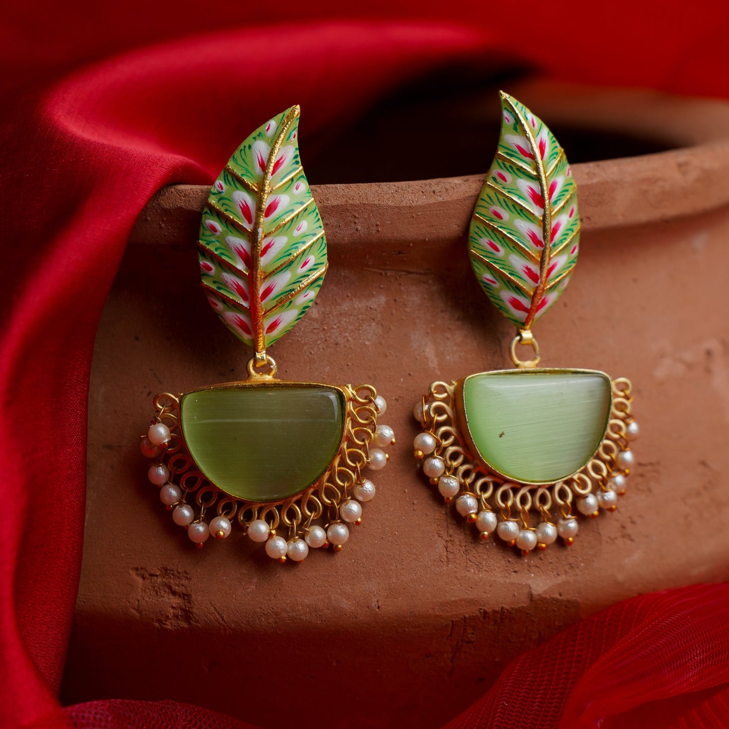Aashi- Stone Studded Dangler Earrings(Pale Green)