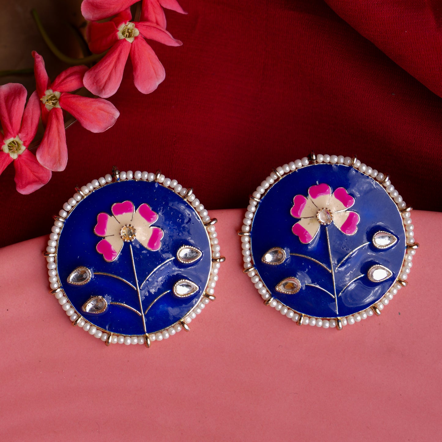 Floral meenakari Blue button Earrings