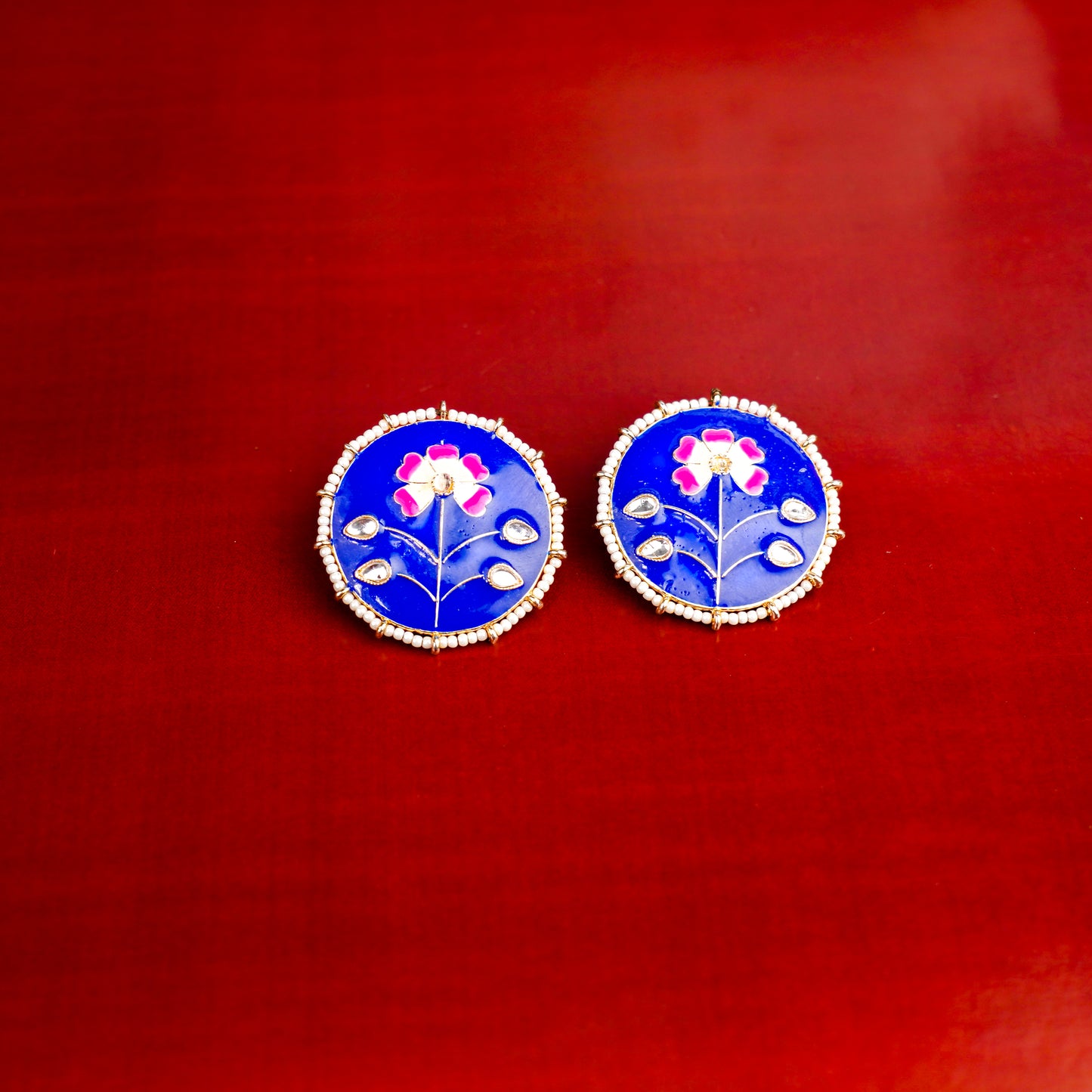 Floral meenakari Blue button Earrings