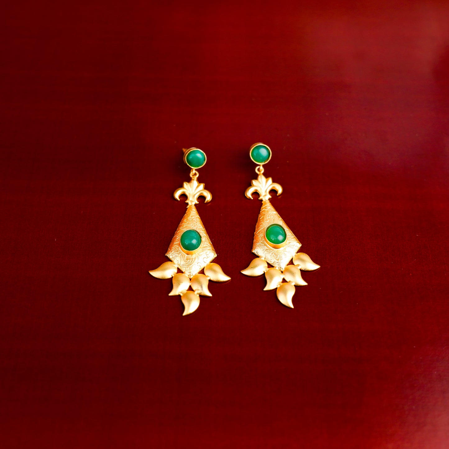 Green stone studded Matt finished Brass Danglers