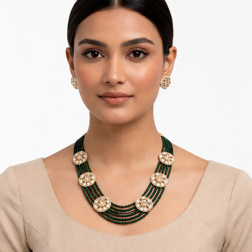 Mridula- Stone studded Beaded Neckpiece Set(Green)