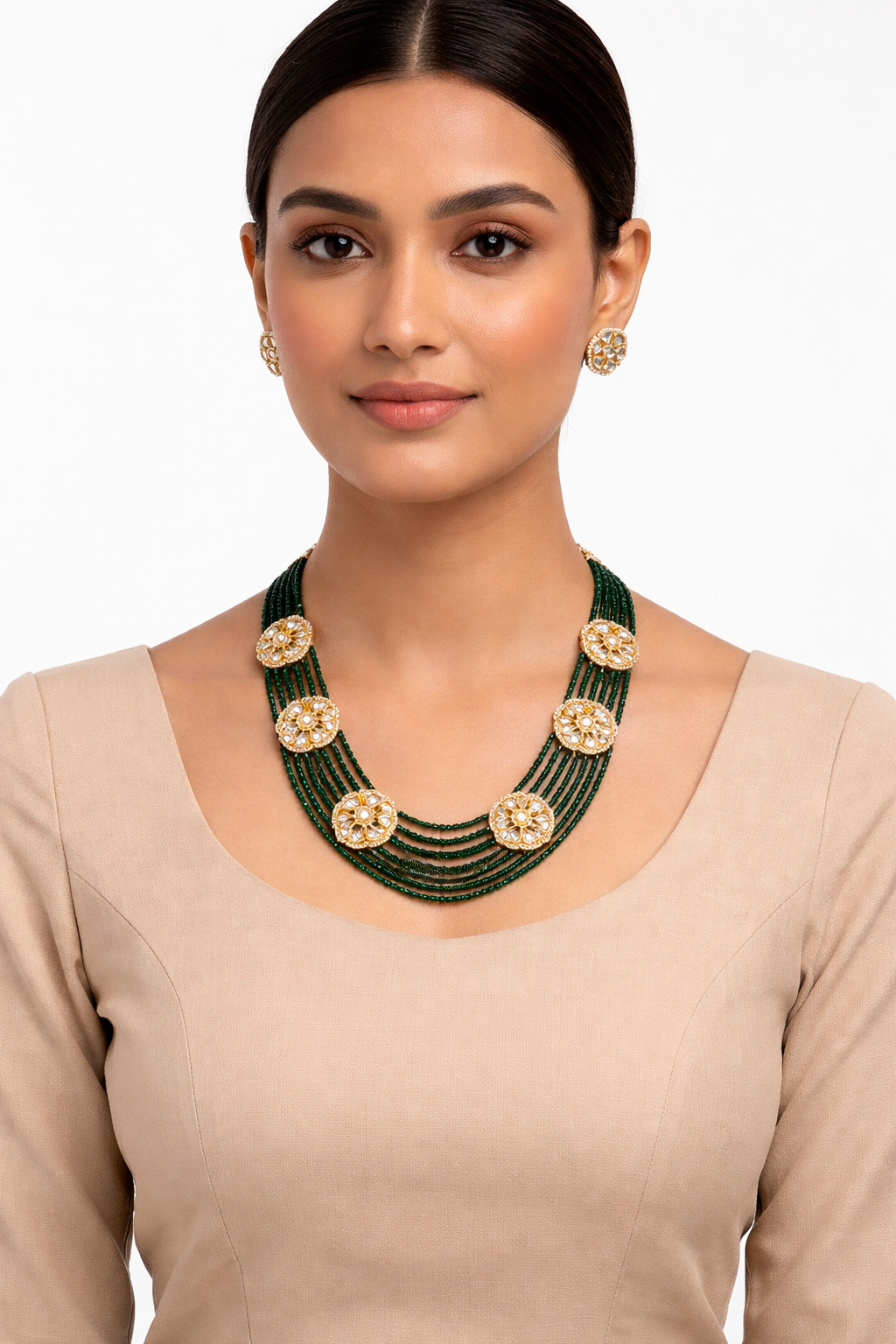Mridula- Stone studded Beaded Neckpiece Set(Green)