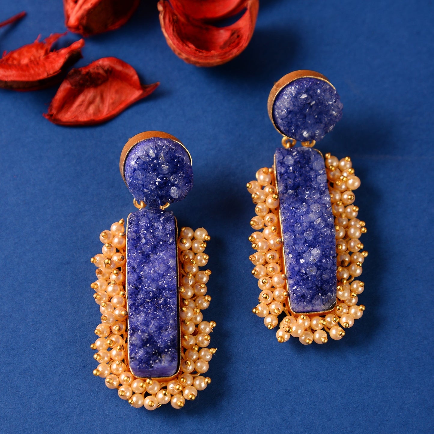 Tarini- Unpolished Stone Embellished With Mini Pearls(Blue)