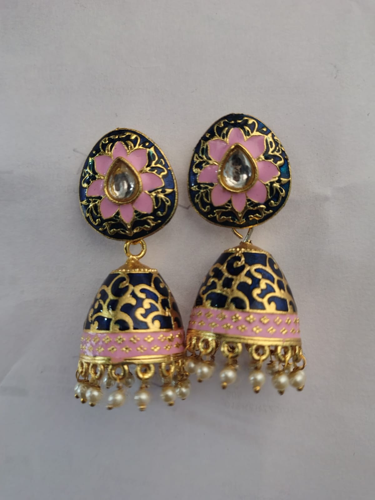 Advika- Stone Studded Hanging Pearls Jhumka Earrings(Blue)