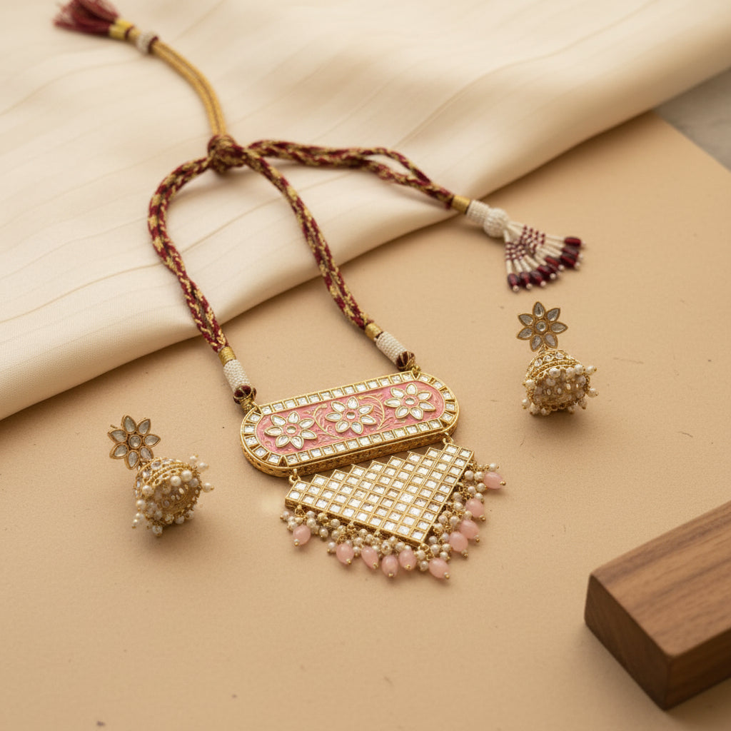 Mehera - Floral Pearl Neckpiece Set (Light Pink)
