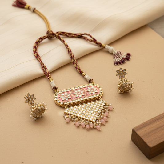 Mehera - Floral Pearl Neckpiece Set (Light Pink)