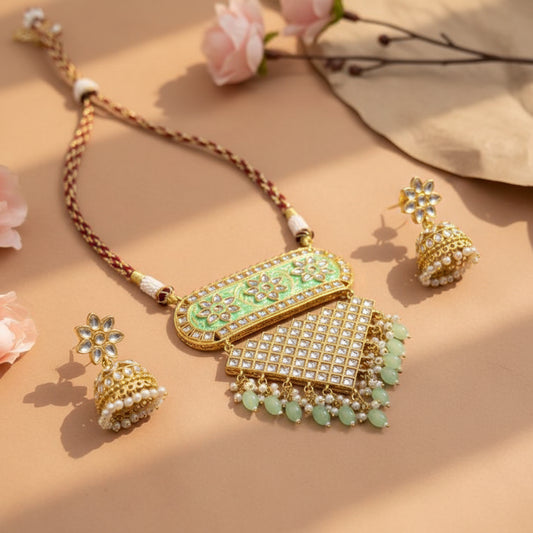 Mehera - Floral Pearl Neckpiece Set (Mint)