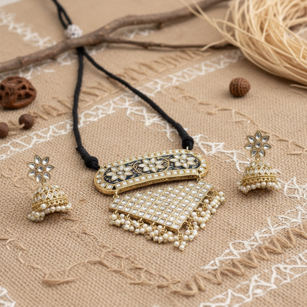 Mehera - Floral Pearl Neckpiece Set (Blue)