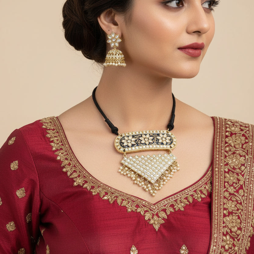 Mehera - Floral Pearl Neckpiece Set (Blue)