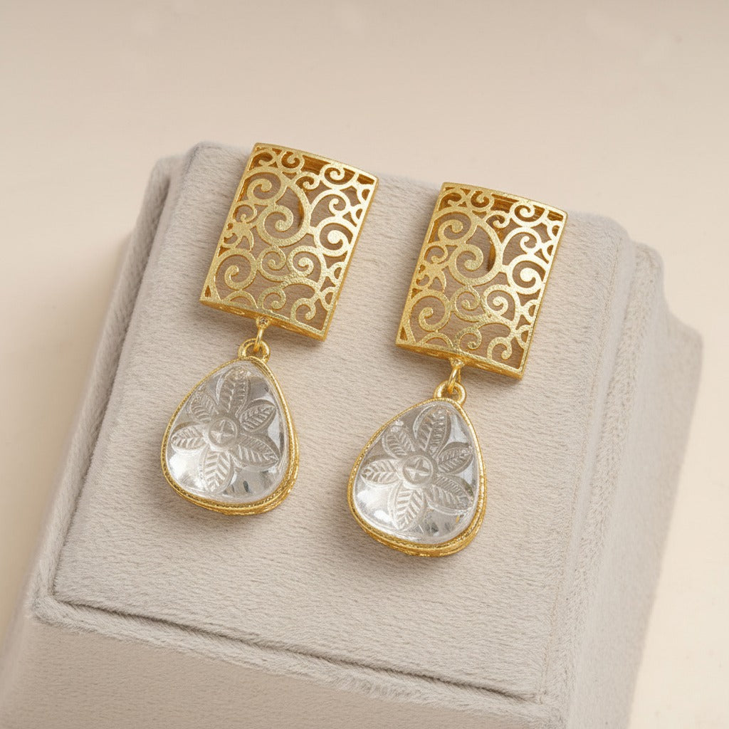 Kiyaa- Stone studded dangler earrings(White)