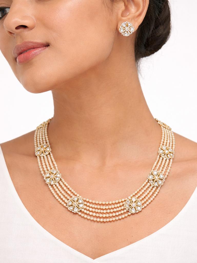 Mridula- Stone studded Beaded Neckpiece Set(White)